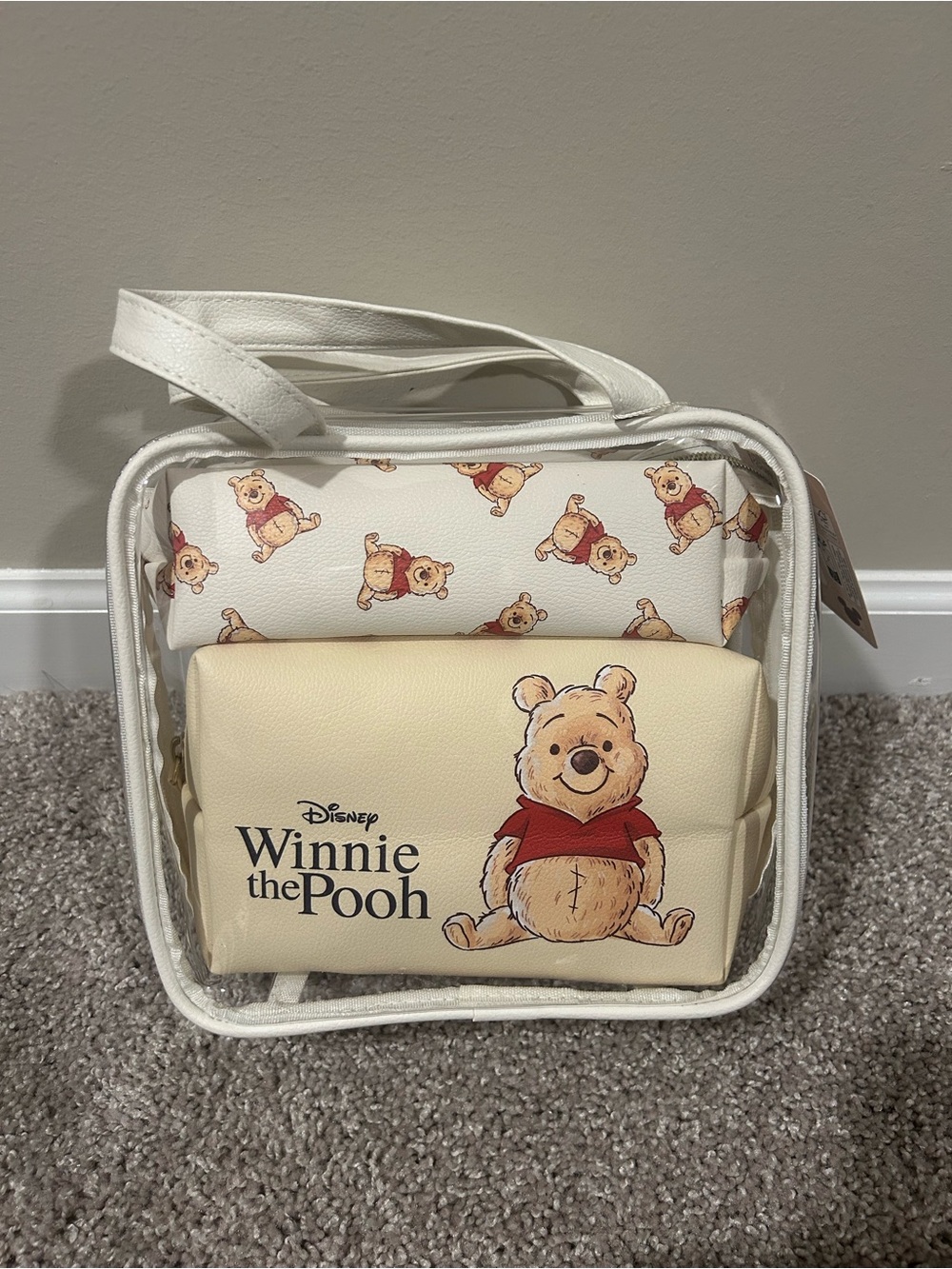Disney Winnie the Pooh Clear Tote with Cream and White Pouches - NWT